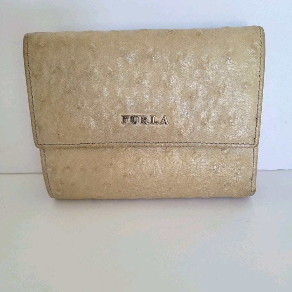 Furla Italian Trifold Wallet Medium Ostrich Leather Gray Designer Compact Logo